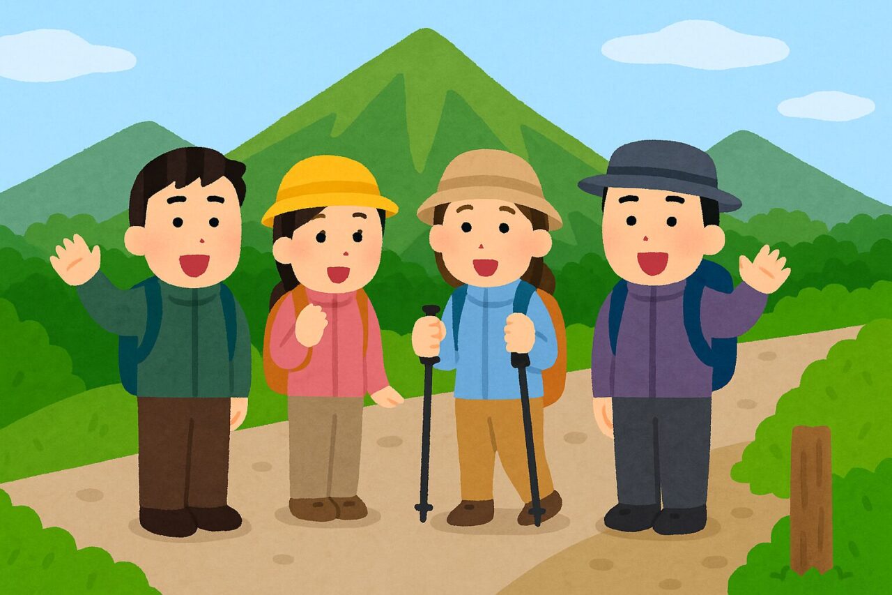笑顔で手を振る登山者たち