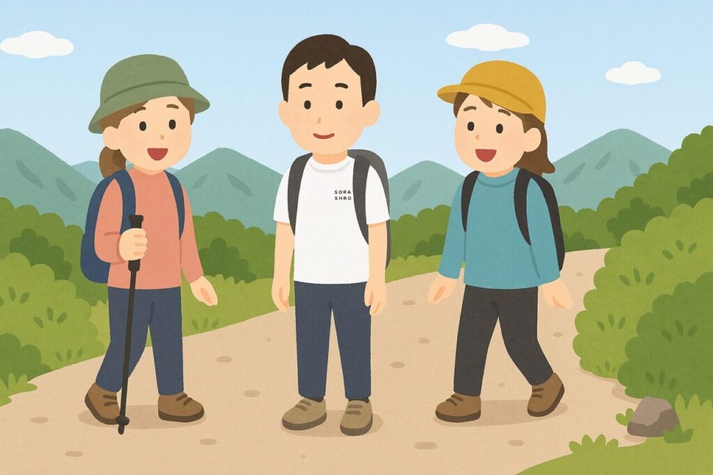 登山者たちが楽しく会話している様子