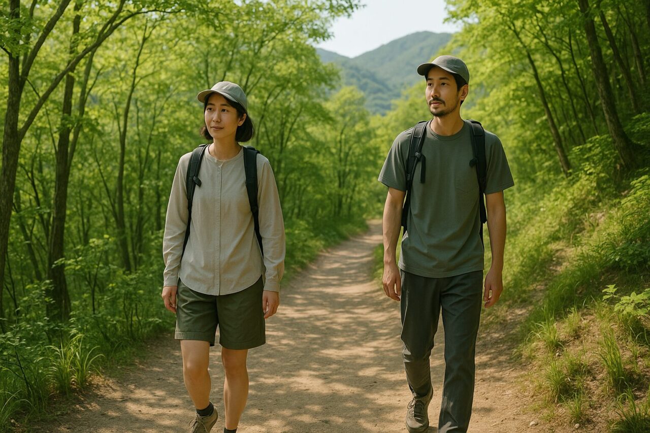 緑に囲まれた山道を歩く日本人の男女ファストハイカー