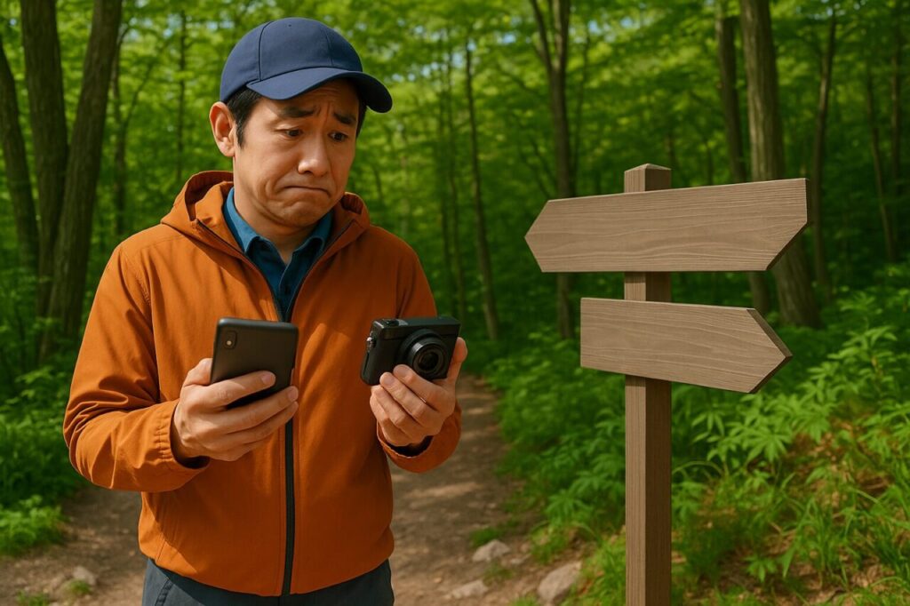 登山道の分岐点でスマホとコンデジを手に持ち、どちらで撮影するか迷う日本人男性の登山者