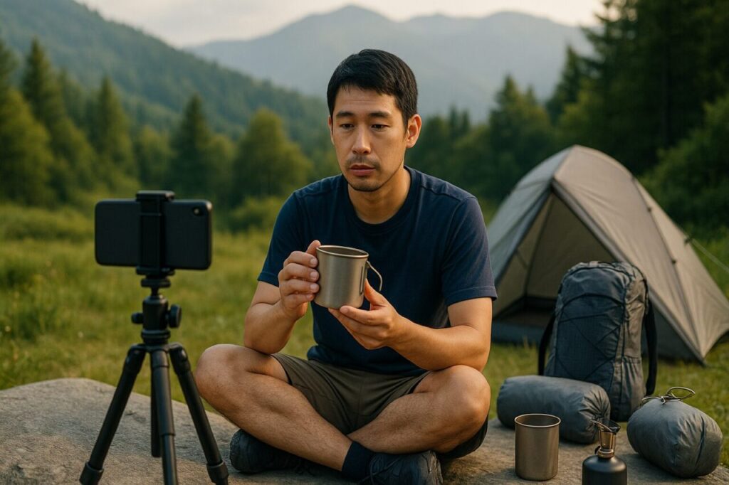 UL装備を紹介する登山系YouTuberの撮影風景
