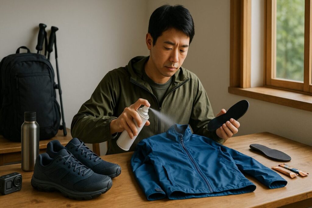 レインジャケットに防水スプレーをかける男性登山者の準備シーン
