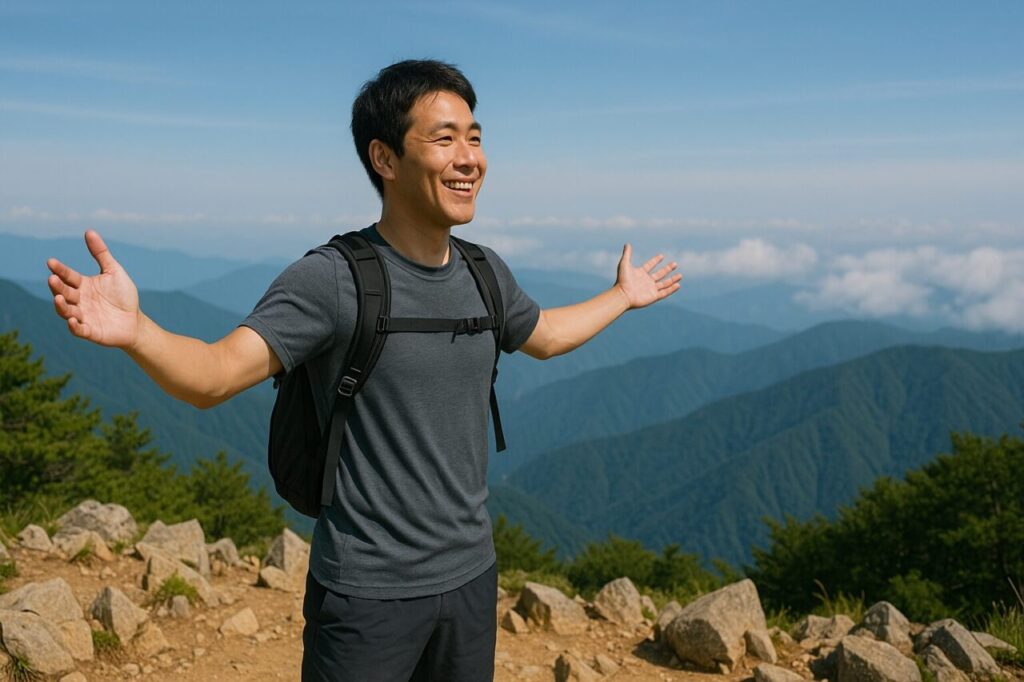 山頂で笑顔を浮かべて遠くを見つめる日本人ハイカー