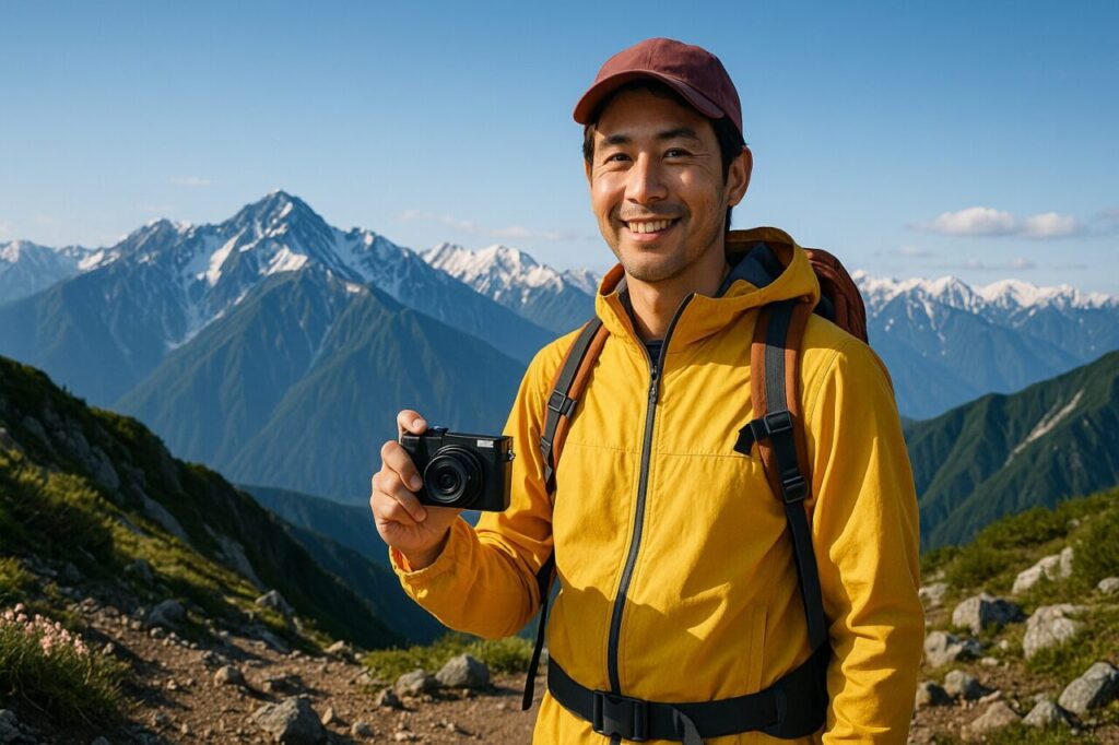 日本の山頂でコンデジを手に持つ30代の日本人男性登山者が笑顔で立つ様子