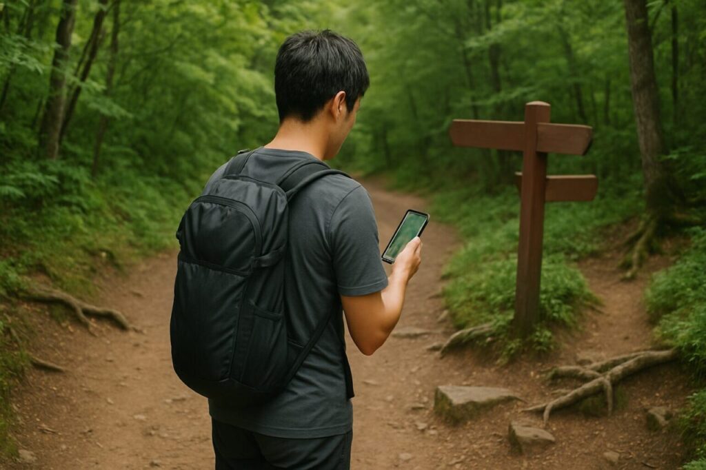 登山道の分岐点でスマートフォンのGPSアプリを確認するハイカーの後ろ姿