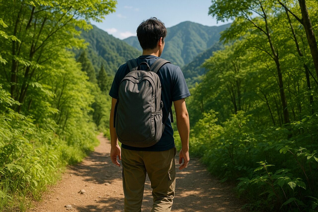軽量なバックパックを背負って登山道を歩く日本人登山者の後ろ姿