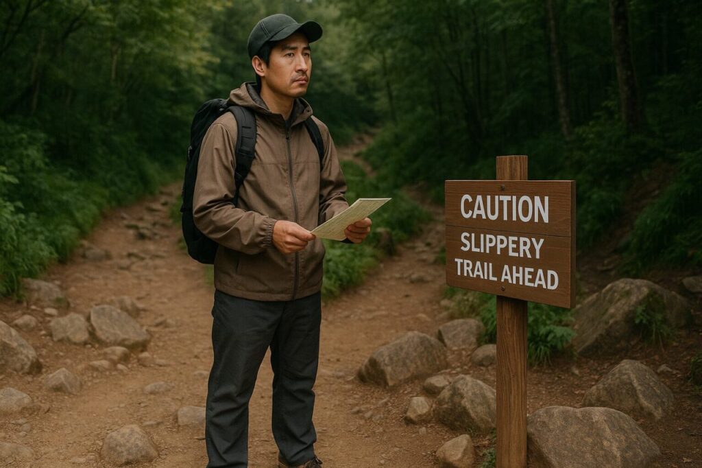 登山道の看板を見ながら進むべきか悩む男性登山者