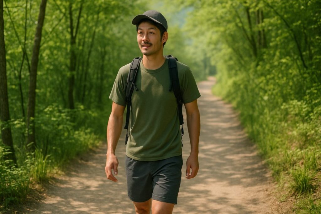軽量装備で山道を歩く日本人男性ファストハイカー