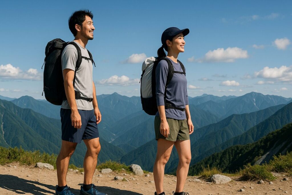 軽量なUL装備で山頂に立つ30代の日本人ハイカー男女