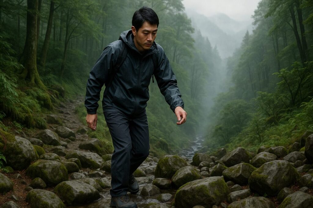 滑りやすい濡れた登山道を慎重に歩く男性登山者