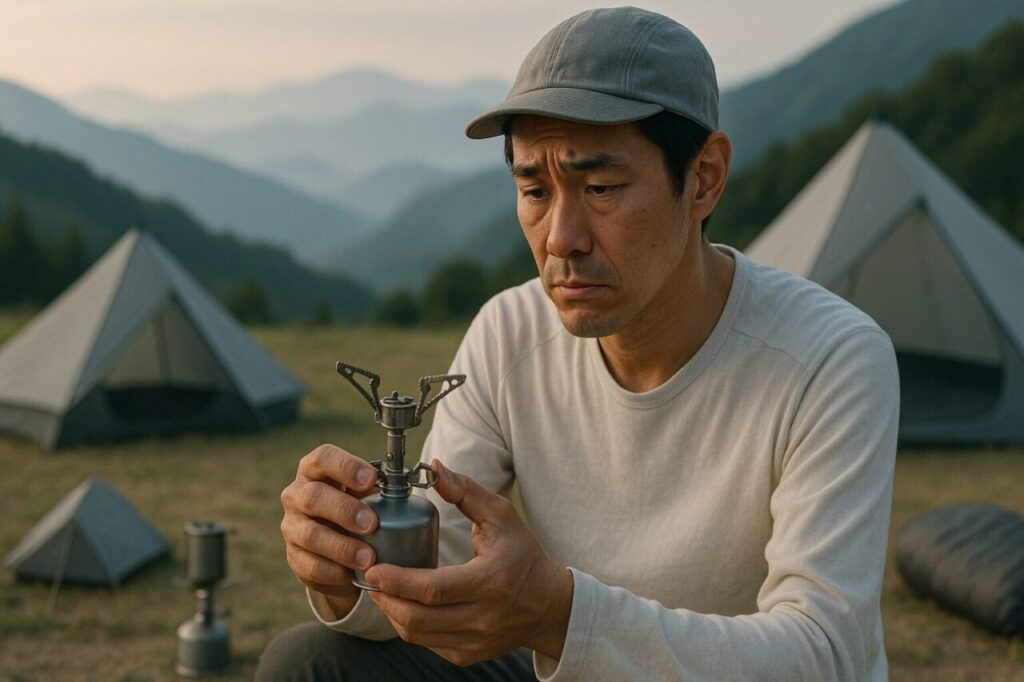 高価なULギアを手に取り、悩んでいる30代の男性登山者