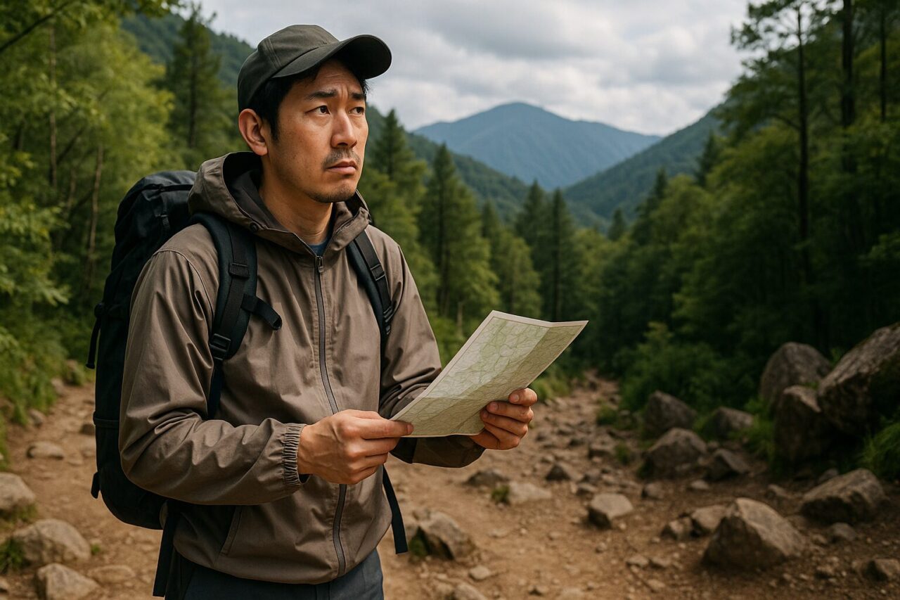 登山道入り口で地図を確認するワークマンの登山ウェアを着た男性登山者