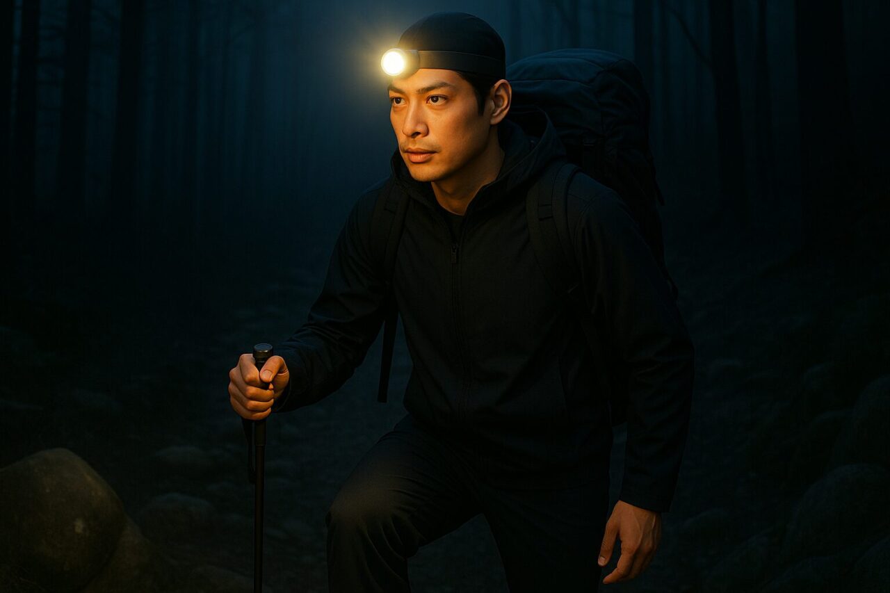 ヘッドランプを装着し夜道を進むハイカー