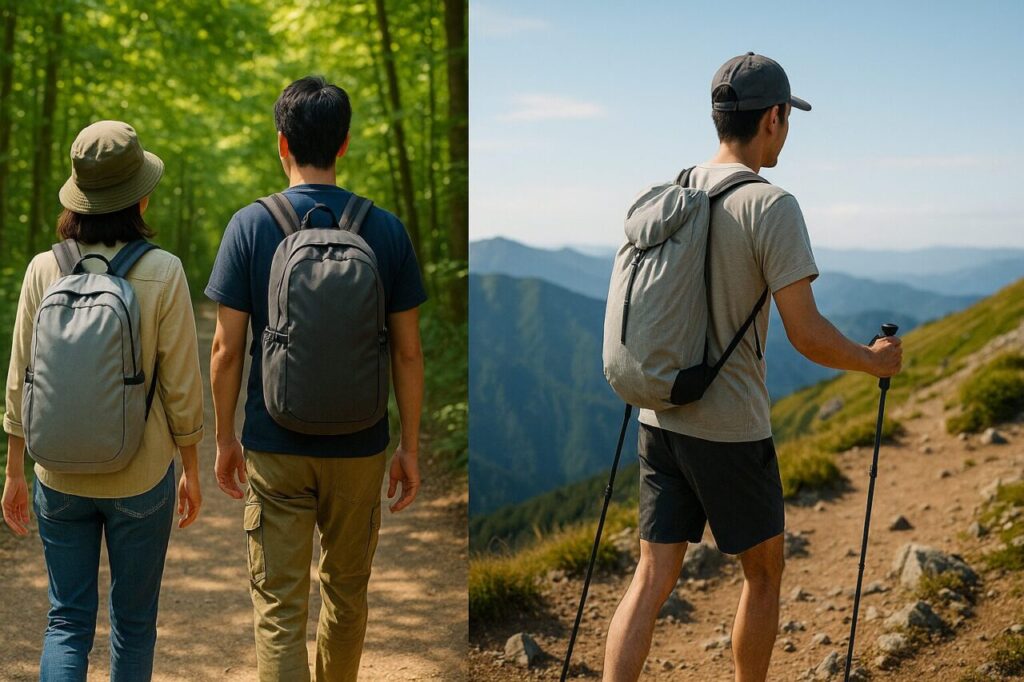 日帰り登山スタイルの登山者とULハイカーの比較イメージ