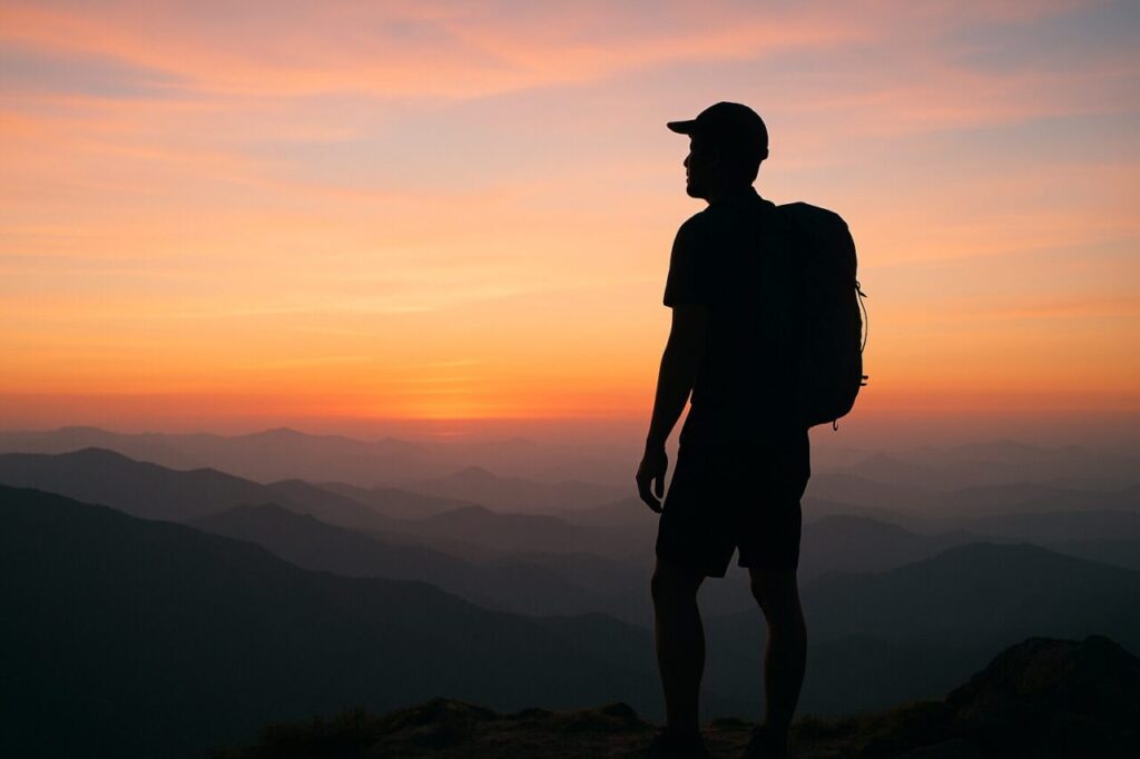 夕暮れの山頂に立ち、遠くを見つめるUL装備の日本人ハイカー