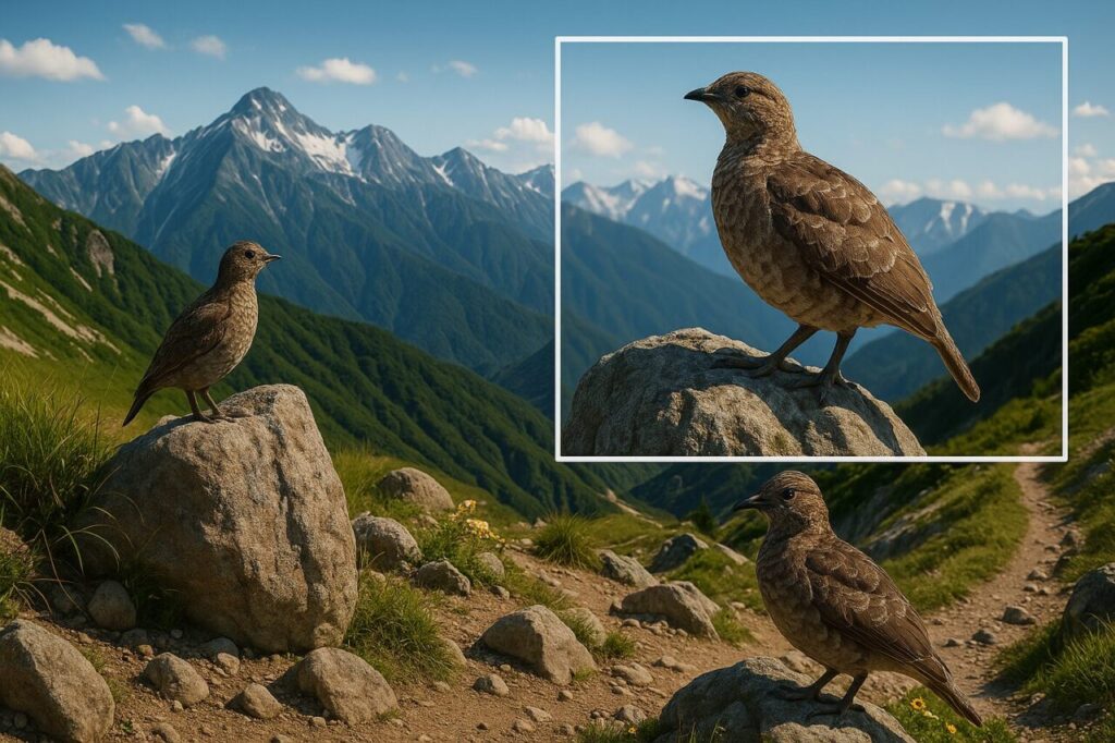 ズームフレームで拡大された小鳥を中央に捉えたコンデジの写真画面、背景に山の稜線が広がる