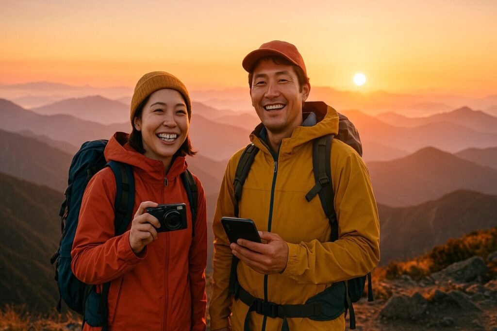 山頂で朝日を背景に笑顔でコンデジを構える30代の日本人男女登山者の写真