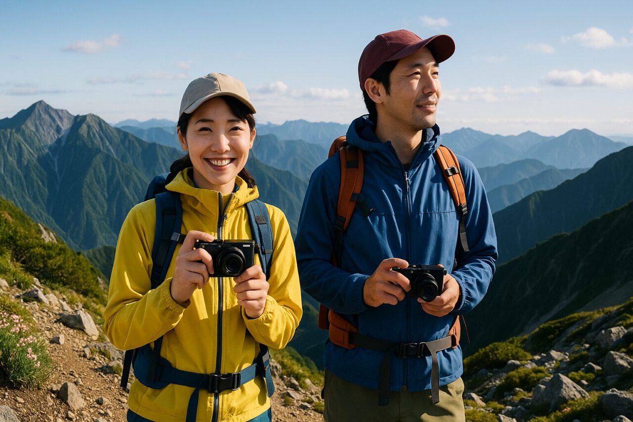 日本の山頂でコンデジを手に笑顔で立つ30代の日本人男女登山者、背景には青空と日本アルプスの山並み