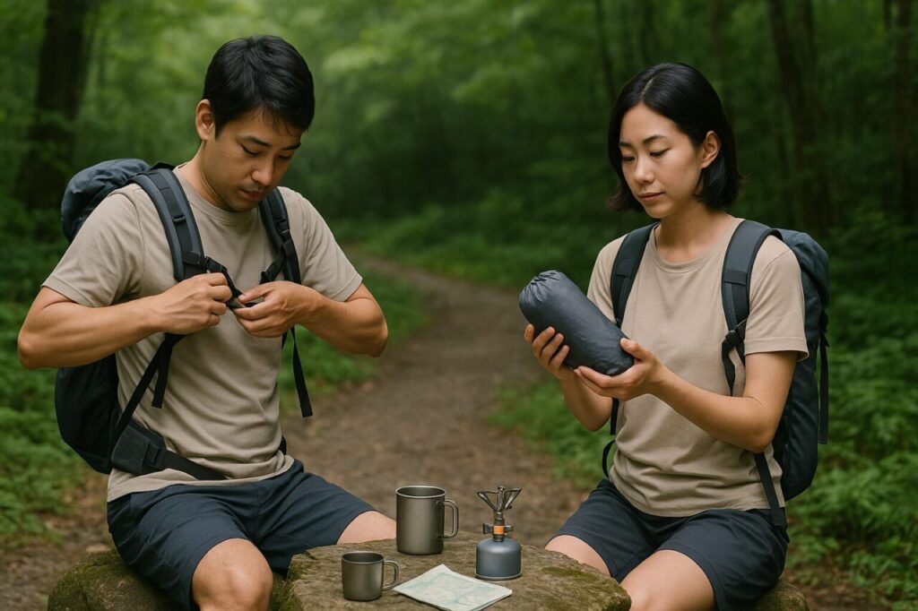 ULギアを確認する30代男女の日本人ハイカー