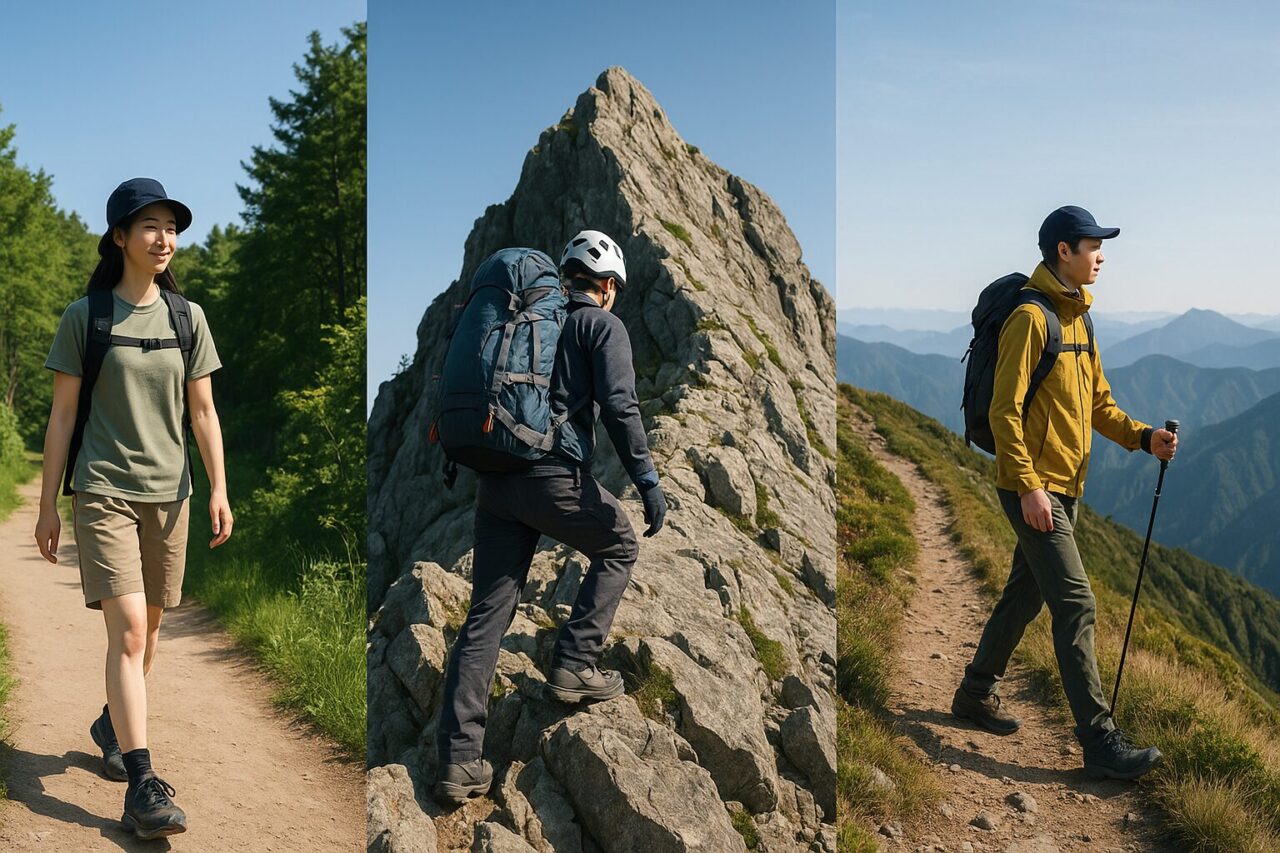 登山・ハイキング・トレッキングのスタイルの違いを表す3人の日本人ハイカーのイメージ画像