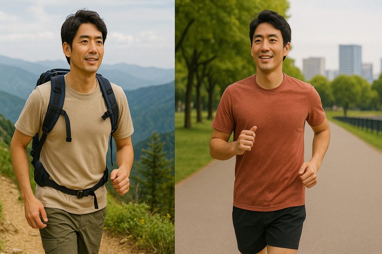 登山している男性とランニングしている男性