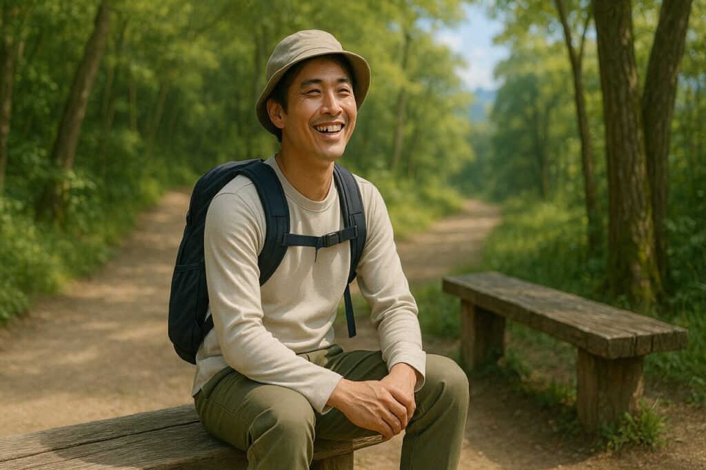 登山を終えて笑顔で休む日本人登山者と20Lバックパック