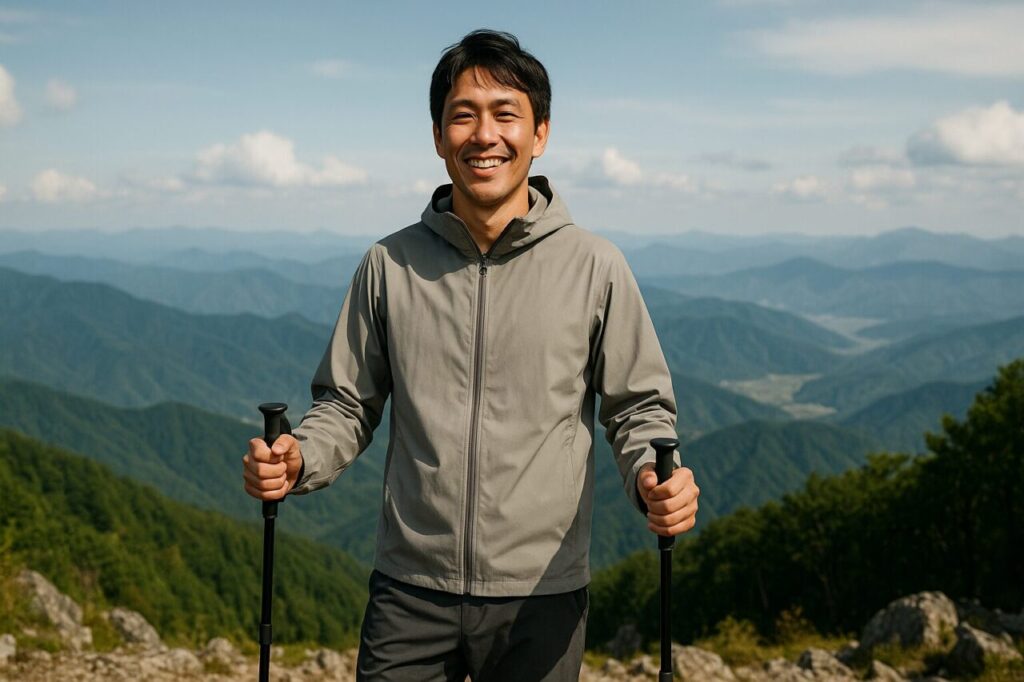 登山の達成感を味わう男性登山者が山頂で笑顔