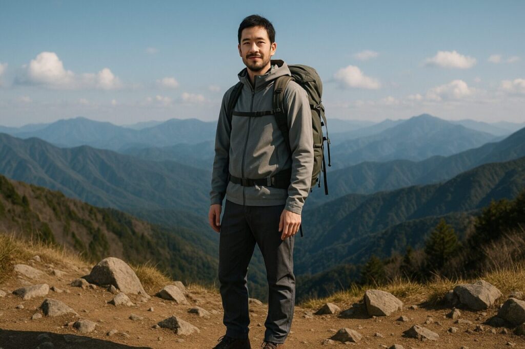 山頂で30Lバックパックを背負い、笑顔でポーズをとる登山者。背景には青空と遠くの山々が広がっている。