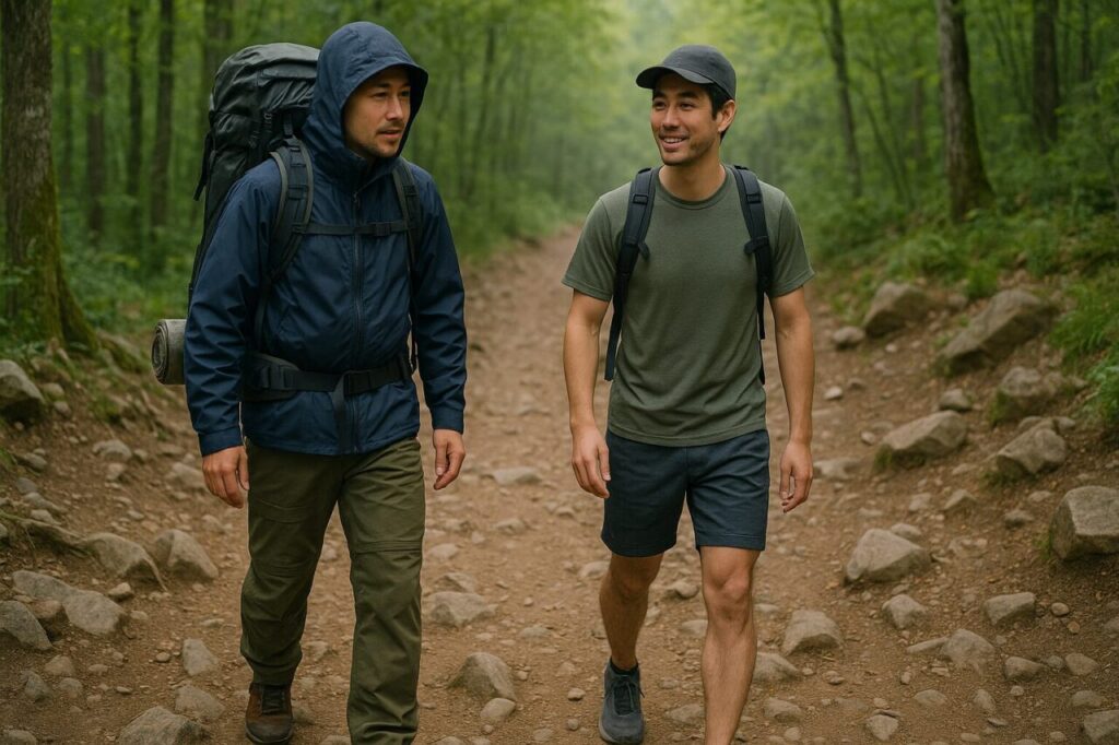 重装備の登山者と軽装のファストハイカーが並んで歩く