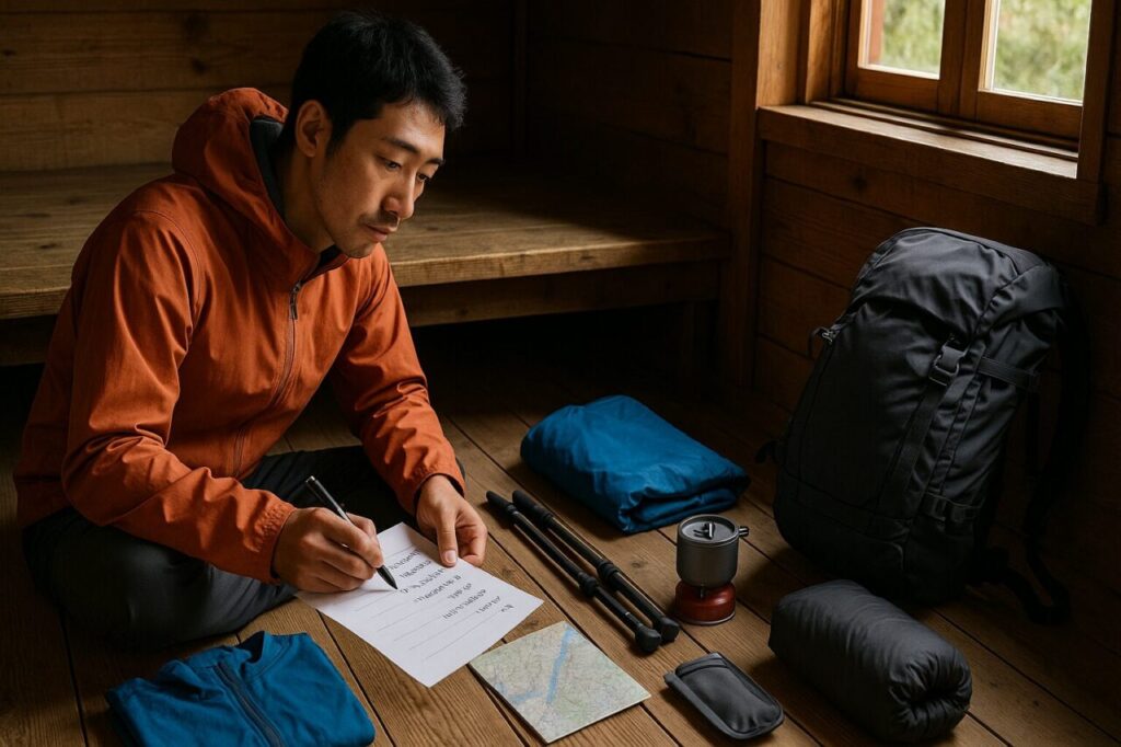 登山者が床に広げた縦走登山用の装備一式をチェックリストと照らし合わせて確認している場面
