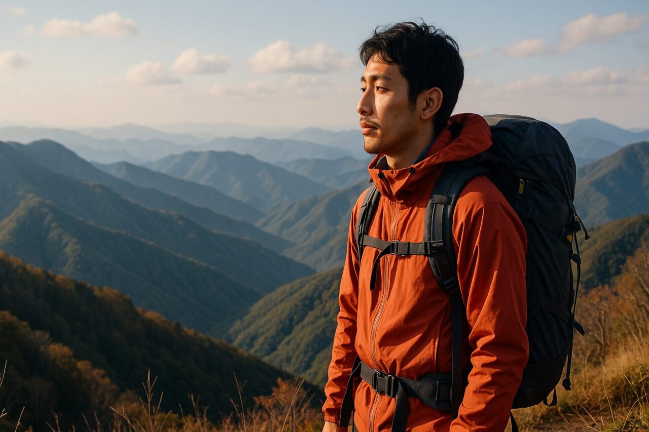 春〜秋の稜線に立つ日本人登山者が、縦走登山の準備に向けて遠くの山々を見つめている様子