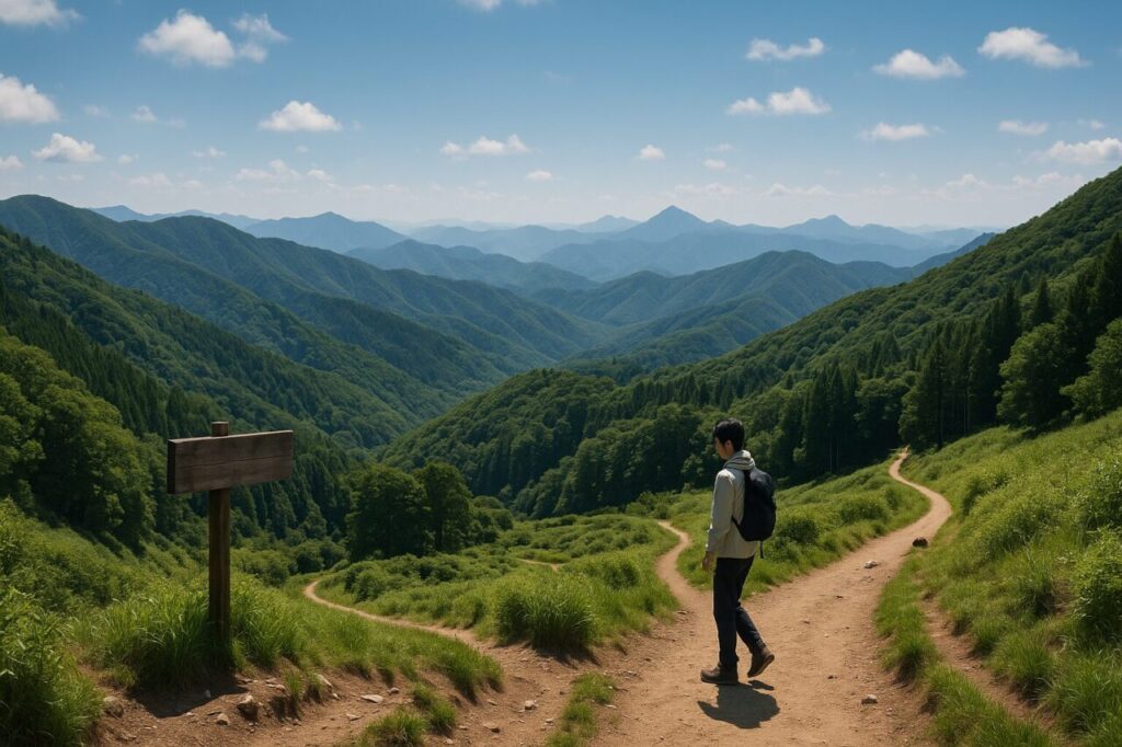 関西の山々の風景と登山道を歩く日本人女性登山者