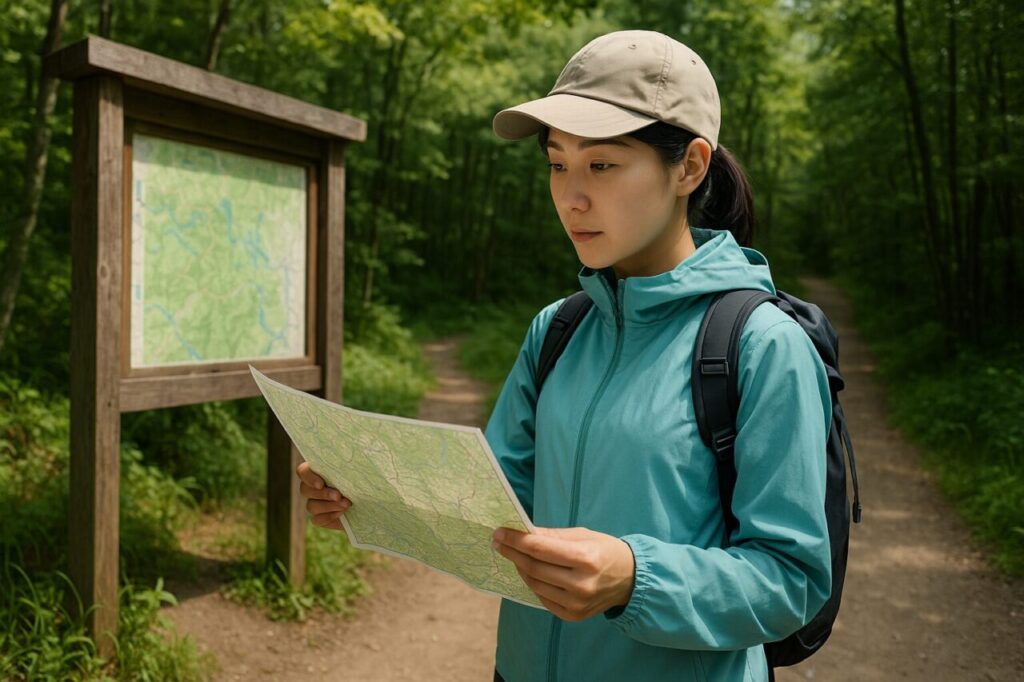 登山口で地図を確認し、ルートを確認する日本人女性登山者