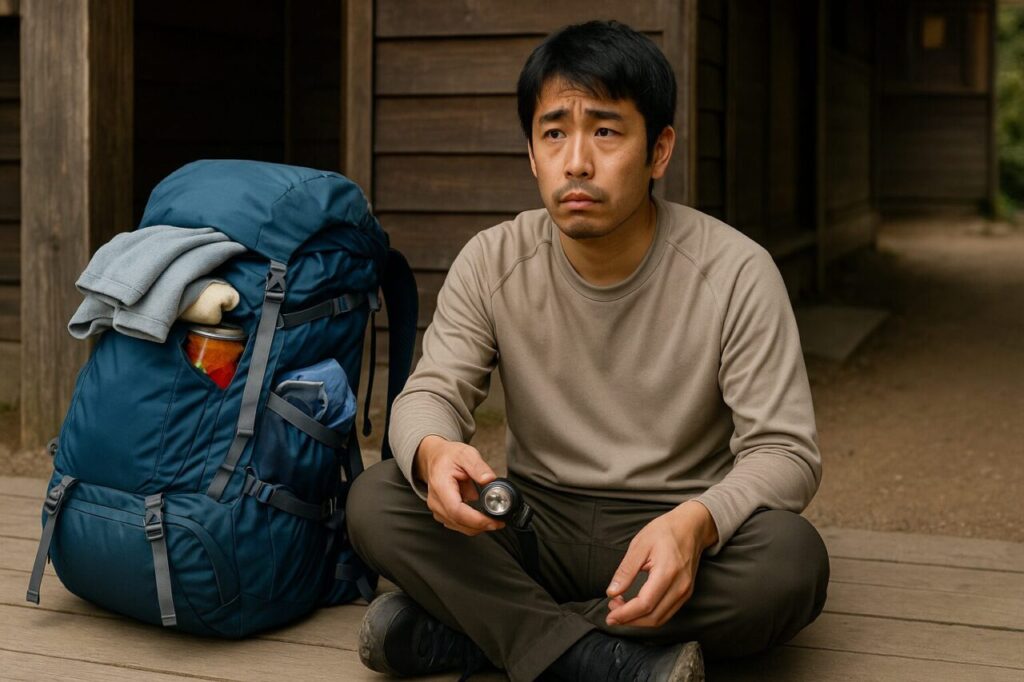 登山口で荷物の整理をする初心者登山者が、詰め込みすぎたバックパックから飛び出した不要アイテムと忘れたヘッドランプに困惑している様子