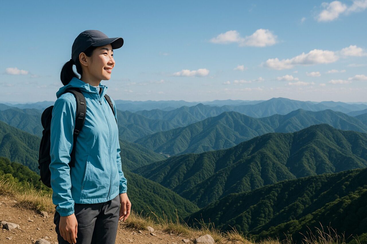 関西の山頂に立ち、達成感を感じる笑顔の日本人女性登山者