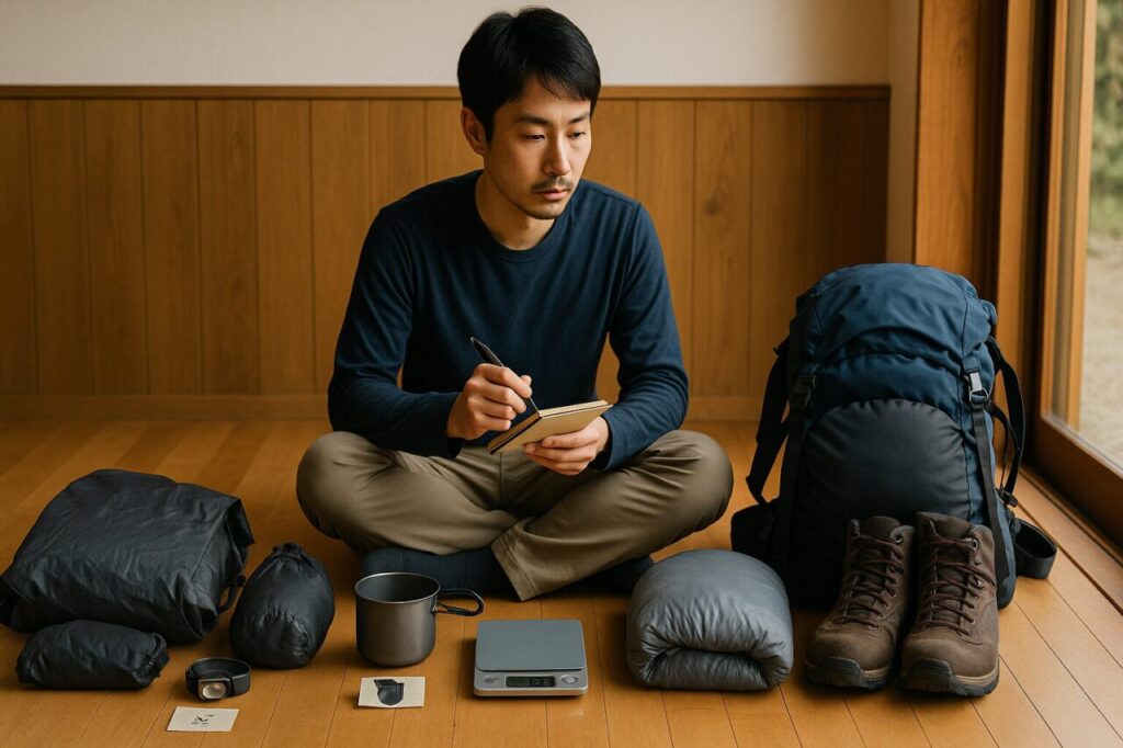軽量な登山ギアと標準的な登山ギアを並べて比較しながら、デジタルスケールで重量を確認する男性登山者の様子