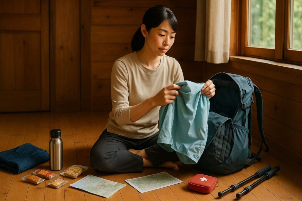登山前にバックパックの中身を確認し、装備を整える日本人女性