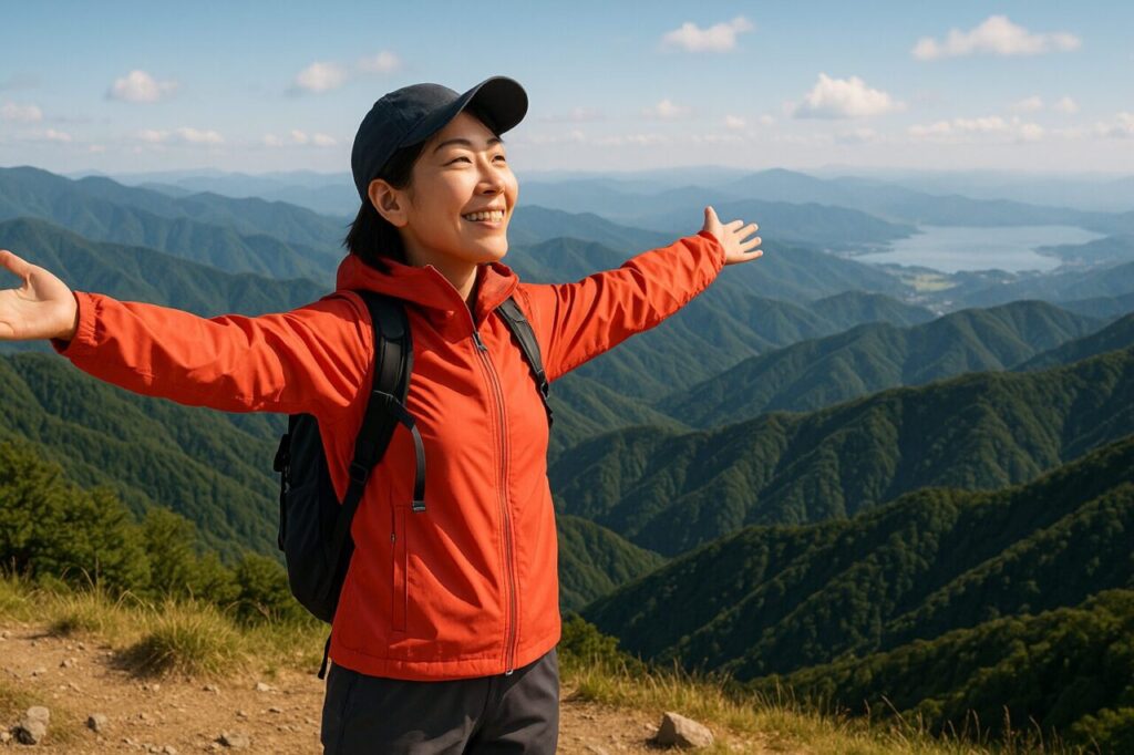 山頂で両手を広げて深呼吸し、達成感を感じる日本人女性登山者